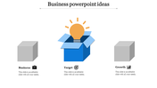 A PowerPoint slide showing business ideas with icons for business, target, and growth, alongside placeholders.