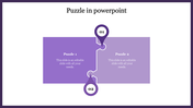 Puzzle PowerPoint slide with two connected purple pieces featuring text areas.