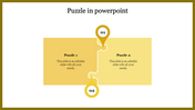 PowerPoint puzzle template with two connected pieces each with placeholder text and a yellow color theme.