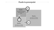 Three step puzzle design with gray blocks and numbered markers for sequential flow with caption areas.