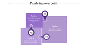 Three step puzzle design with purple blocks and numbered markers for sequential flow each with caption areas.
