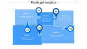PowerPoint template with five blue puzzle pieces, each marked with numbers and placeholder text.
