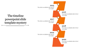 Staggered orange timeline with circular markers and years labeled from 2015 to 2020, paired with text placeholders.