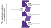 Staggered purple timeline with circular markers and years labeled from 2016 to 2020, paired with text placeholders.