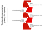 Red timeline PowerPoint slide with years 2016 to 2020, each marked with a circle and placeholder text.