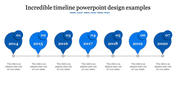 Timeline PowerPoint template with years 2014 to 2020 and captions for each milestone on a blue theme.