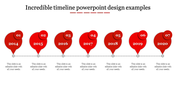 Seven red leave shapes representing timeline milestones above a horizontal dashed line with text below.