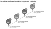 PowerPoint timeline slide featuring years 2017 to 2020 in gray bubble shapes, with captions for each year.