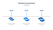 Blue footprints arranged along a horizontal timeline labeled 20XX, with text placeholders for each step.