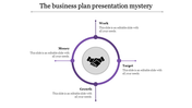 Purple business plan template with a circular design and four key focus areas linked to a handshake icon in the center.