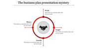 Circular business plan infographic with red nodes for work, money, growth, and target surrounding handshake icon.
