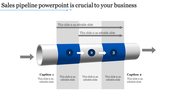 Sales pipeline diagram with numbered blue segments and gray arrows showing movement placed with caption areas.