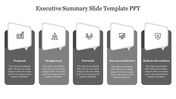 Gray executive summary slide with five labeled columns, each featuring a white icon panels.