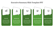 Executive summary design with five green cards and white outlined icons in speech bubbles each with placeholder text areas.