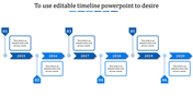 Blue timeline with alternating arrow shapes and rectangular text boxes connected by lines on a white background.