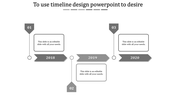 Timeline PowerPoint template with grey arrow markers for years 2018, 2019, and 2020 with placeholder text.