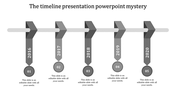 Timeline PowerPoint template with grey arrows representing the years 2016 to 2020, each with placeholders for content.