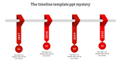 Red PowerPoint slide featuring a timeline for 2017 to 2020 with corresponding captions with placeholder text.