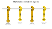 Modern timeline with 3D ribbon style markers in yellow shades, connected to a horizontal bar, showing years 2017 to 2020.