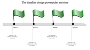 Green flag timeline showing years 2017 to 2020 on a gray horizontal arrow with placeholders text areas.