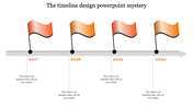 Timeline PowerPoint slide with orange flags marking 2017 to 2020 with placeholder text.