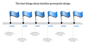 Timeline PowerPoint design with six blue flags for 2015 to 2020, each with a caption.