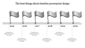 Horizontal timeline with six gray milestone flags marking years 2015 to 2020 on a metallic arrowed path.