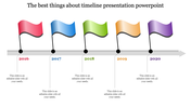 Vibrant flag timeline with milestones from 2016 to 2020 on a horizontal arrow, connected by lines for a sequential layout.
