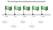 Timeline PowerPoint template with green flags marking each year from 2016 to 2020 with placeholder text.