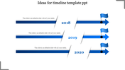 Timeline PowerPoint template with blue arrows and flags for 2018, 2019, and 2020 milestones, each with placeholder text.