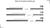 Monochrome timeline featuring three parallel arrows with milestone flags, and text labels representing sequential years.
