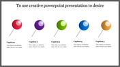 Creative PowerPoint presentation slide featuring five colorful push pins, each with captions below with placeholder text.