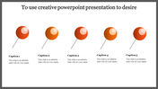 Creative slide showing five yellow pushpins with shadows and corresponding captions areas placed in white background.