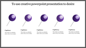 Creative PowerPoint template with five purple push pins, each featuring a caption below.