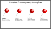 Creative PowerPoint template with four colorful red pins, each with captions below with placeholder text.