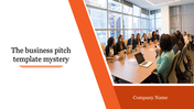 Business pitch PPT slide with a diverse group of professionals in a meeting room using laptops with an orange border.