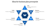 A blue hexagonal business concept diagram with six surrounding triangles labeled with business related aspects.