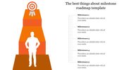 Layered gold pyramid with silhouette figure ascending towards a target icon, connected to five milestone captions.