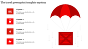 Travel PPT slide featuring different transportation with red icons for bus, train, airplane, and ship under a parachute.