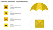 Travel themed layout with four yellow square icons and a parachute cargo box illustration on the right.