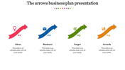 Business plan slide with four curved arrows in red, blue, green, and orange, each linked to an icon on a white background.