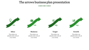 Sequential red arrows with icons and labels for ideas, business, target, and growth under a bold title.