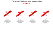 Sequential blue arrows with icons, caption areas and labels for ideas, business, and target under a bold title.