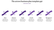 Business plan template with six colorful arrows for ideas, business, target, growth, profit, and management.