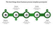 Red connected circles labeled 01 to 05 depicting business stages with matching icons and captions areas.