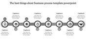 Grey business process template with eight stages with icons from lightbulb to handshake with captions and placeholder text.