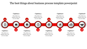 Red business process template with eight stages with icons from lightbulb to handshake with captions and placeholder text.