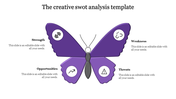 SWOT analysis template featuring a butterfly design with purple wings, each labeled with one of the four analysis categories.