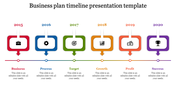 Colorful timeline with six steps, each marked by a rectangular icon in red, blue, green, yellow, orange, and purple.