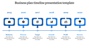 Timeline template for business plan with stages from Business to Success from 2015 to 2020 with blue sections and icons.